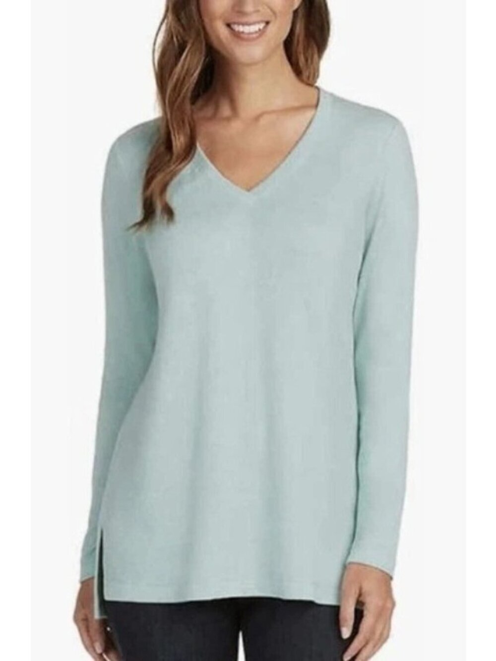 NWT Matty M Women's XL V-Neck Tunic Long Sleeve Top Light Blue Rayon Blend P0917